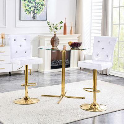 Ensemble de bar élégant en verre avec tabourets en relief blanc Croc, base en chrome doré, 2 sièges pivotants