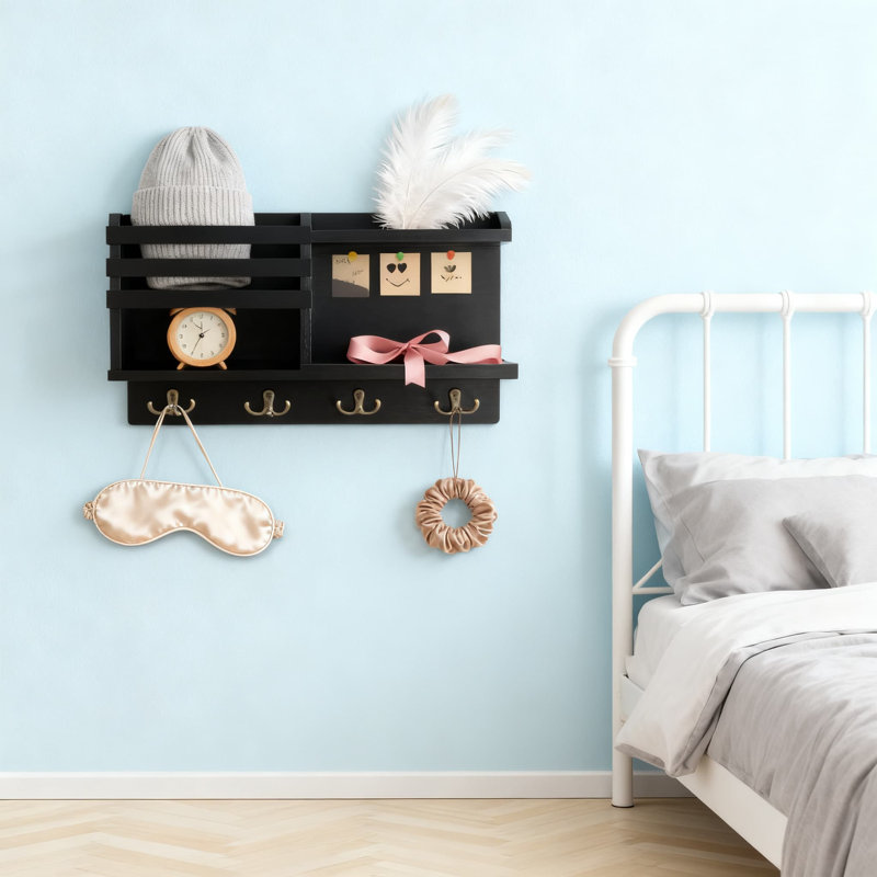 Porte-clés mural avec 4 crochets, courrier en bois massif et porte-clés pour l'entrée, fixation auto-adhésive ou perceuse, solution de rangement polyvalente pour la décoration intérieure