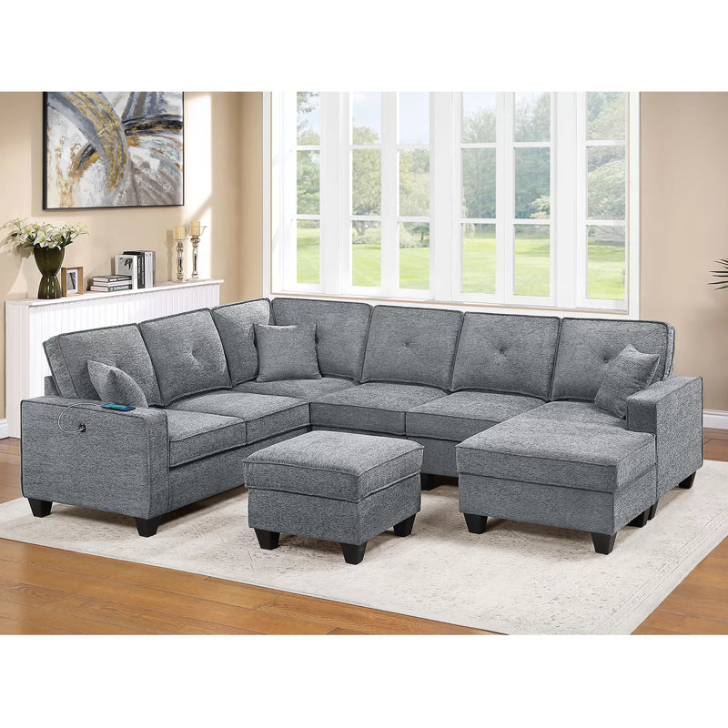 Chenille Sectional Set With Ottoman, Light Gray Chenille