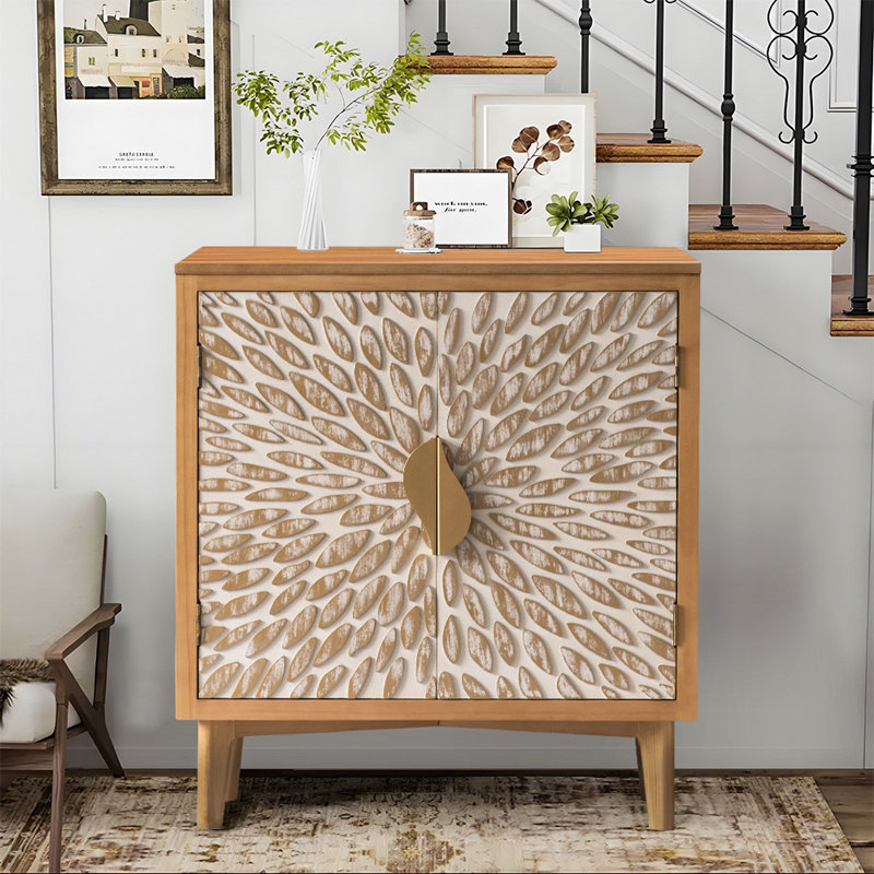 Hugdahl 30 " Wide 2-Door Flower Natural Distressed Solid Wood Accent Cabinet,Modern Farmhouse