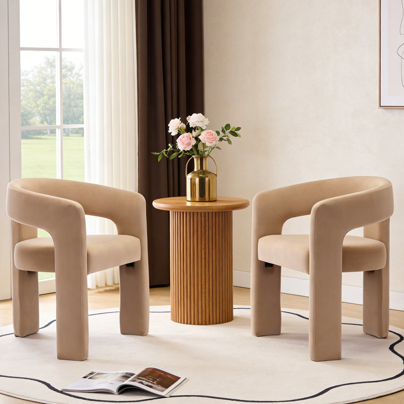 Modern Upholstered Barrel Dining Chairs, Khaki Velvet