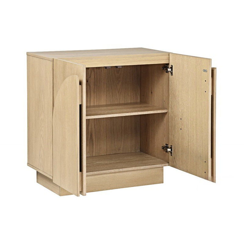 Buffet Mid-Century moderne en bois d'hévéa avec teinte chêne, portes arquées et solutions de rangement à bords arrondis, portes, assemblage facile