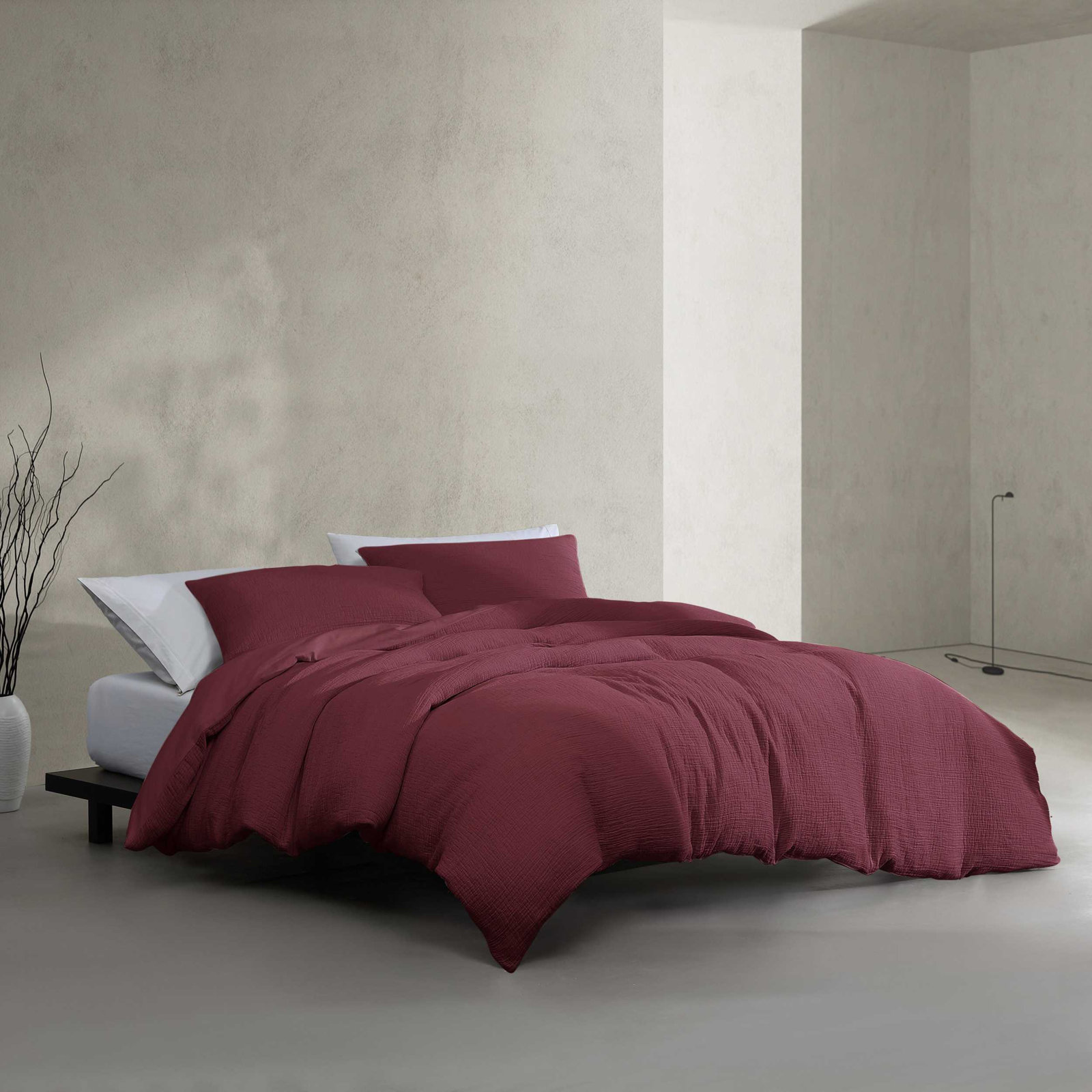 Washed Texture Cotton Duvet Cover Set, King Duvet Cover + 2 King Shams, Red