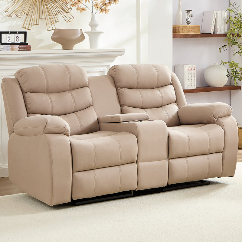 71" Manual Recliner Loveseat with Storage & Cup Holders, Beige