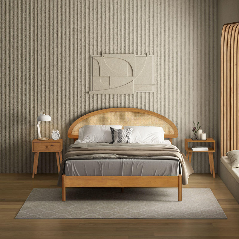 Gem Solid Wooden Bed Frame With Headboard And Natural Rattan, 1000 Lb Capacity, Queen, Rustic Oak