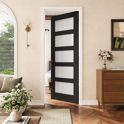30" X 80" 5-Lite Black Frosted Glass Interior Prehung Door With Black Hinges, Privacy Glass Door Slab With Frame, Sound-Dampening & Waterproof, Suit For Laundry, Closet Doors, Room Doors, Right Hand