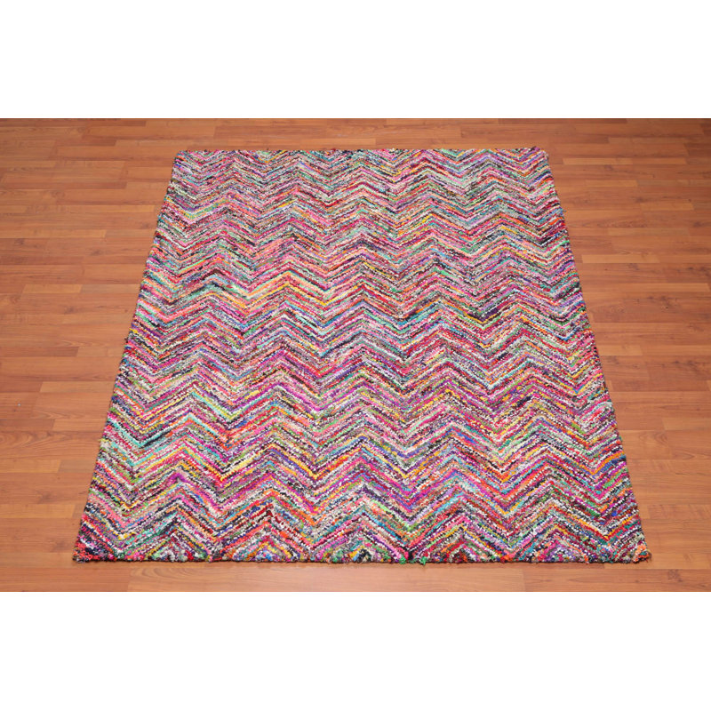 Multi Size Hand Tufted Cotton Zig-Zag Medley Oriental Area Rug, Rectangle 5'6" x 8'