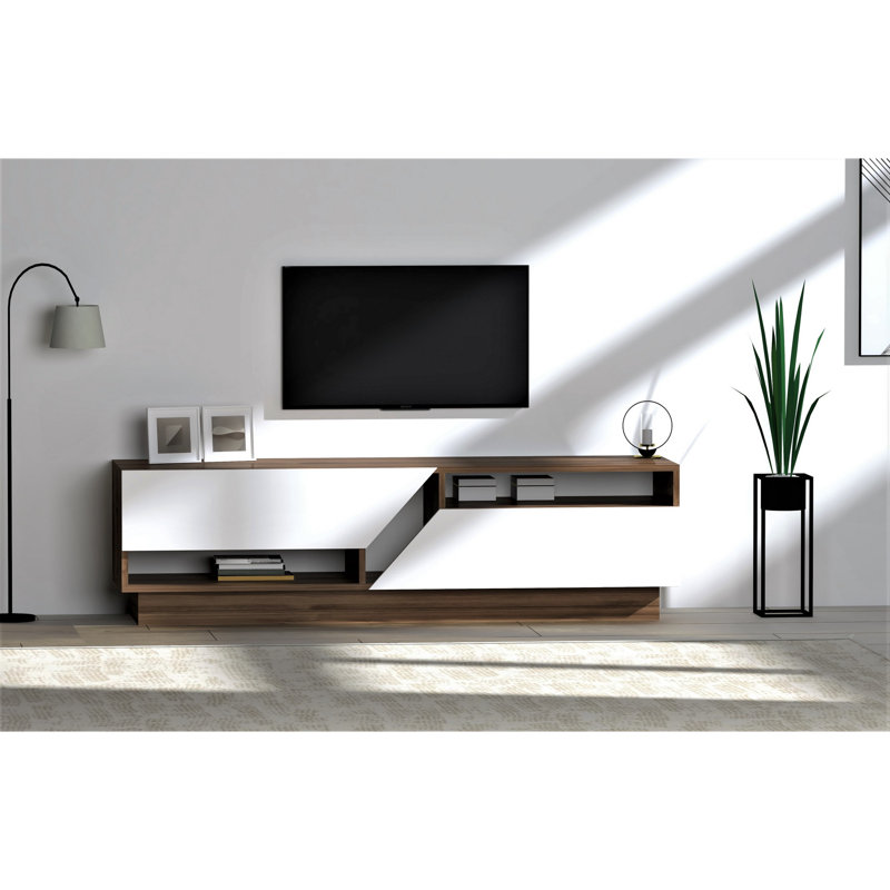 Modern TV Stand with Numerous Shelves, Walnut & White, 63.0 x 17.7 x 15.7 inches | 100% Melamine Coated Particle Board, 0.7 inches Thick | Stylish Storage Solution for Living Room & Entertainment Areas