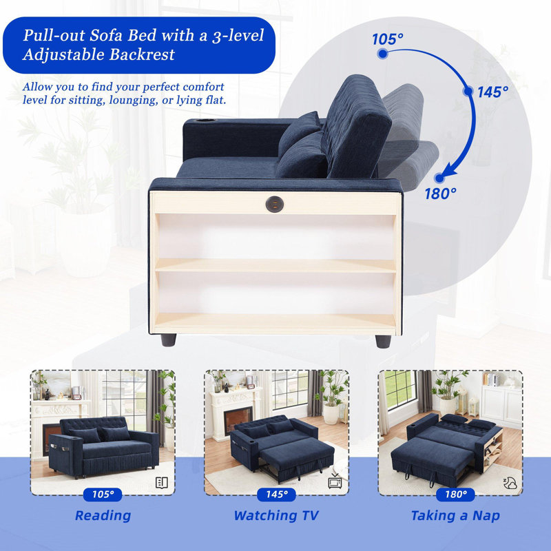Pull-out sofa bed with adjustable backrests, Blue Chenille