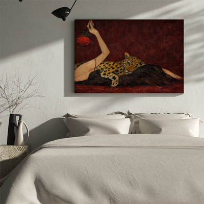 1pc Framed Canvas Wall Art Prints Poster, Abstract Woman with Leopard oil Painting, Burgundy Cheetah Art Posters Canvas Print Painting for Living Room Bedroom Office Bathroom Dorm Home Decor, Ready To Hang