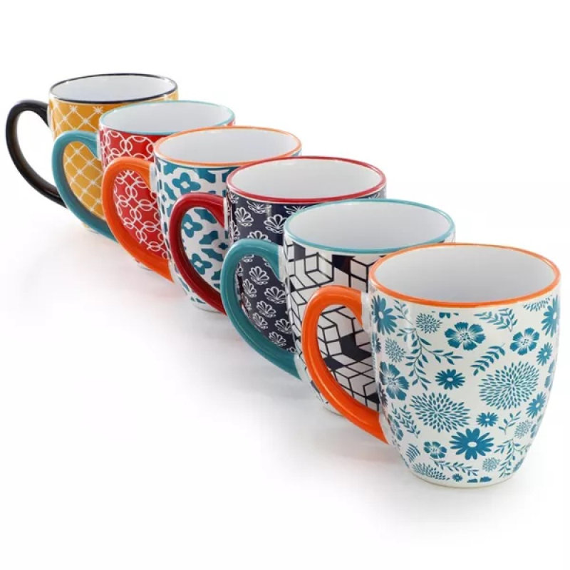 Ensemble de 6 tasses en grès, 6 tasses à café, couleurs assorties, grandes tasses à thé, va au micro-ondes et au lave-vaisselle