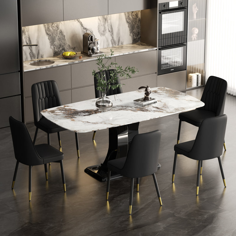 Sindia Rectangular Modern Dining Set, Faux Marble Dining Table And Chair Set for 4-6, White, Black, 7
