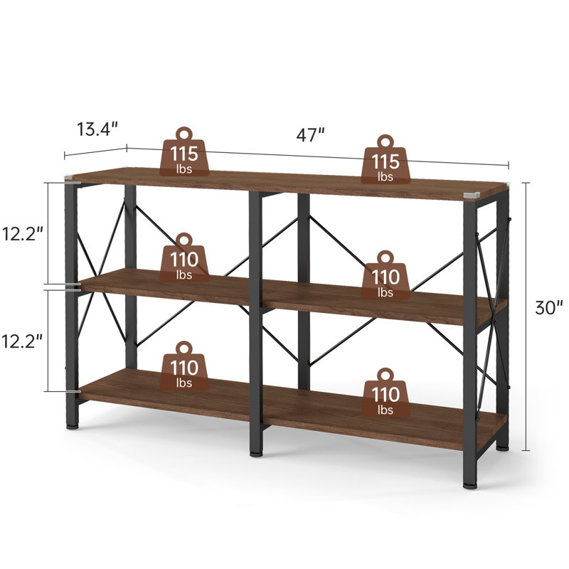 47" Industrial 3-Tier Bookshelf, Metal & Solid Wood, Rustic Farmhouse Storage for Living Room & Home Office, Walnut