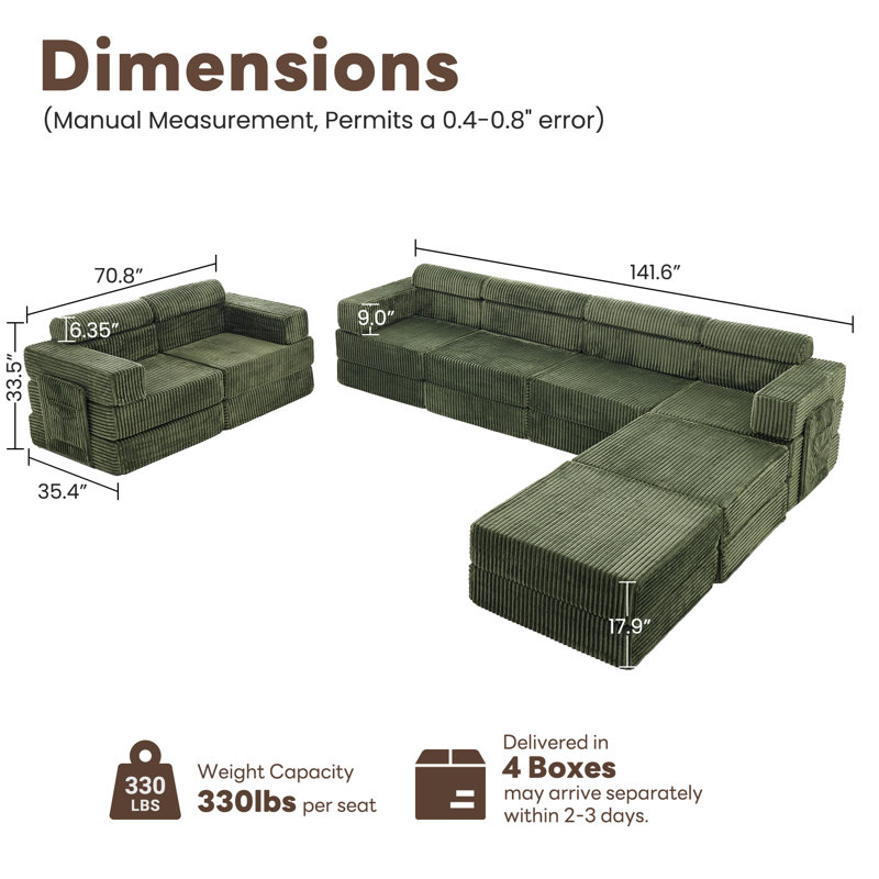 Ensemble de salon modulaire rembourré en velours côtelé 141,6 po Sisler, Velours côtelé vert olive