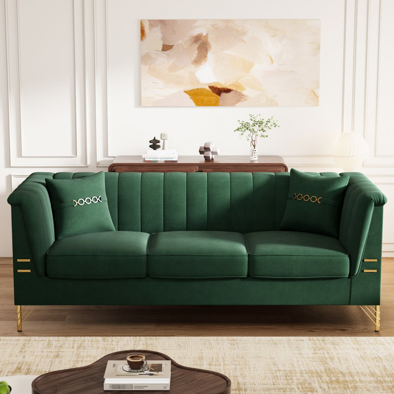 Canapé moderne en velours 3 places 82,67 pouces, 2 coussins, dossier à rainure verticale, pour les maisons contemporaines avec mousse haute densité, pieds en métal