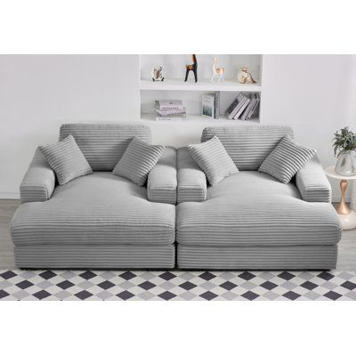Corduroy Square Arms Double Lounge Chaise With Sturdy Legs, Large Back Cushion & Toss Pillows