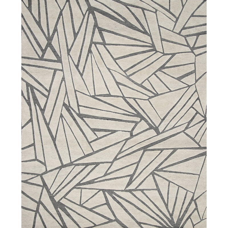 Leethos Hand Knotted Wool Geometric Shapes Area Rug in Ivory/Gray, Rectangle 10' x 14'