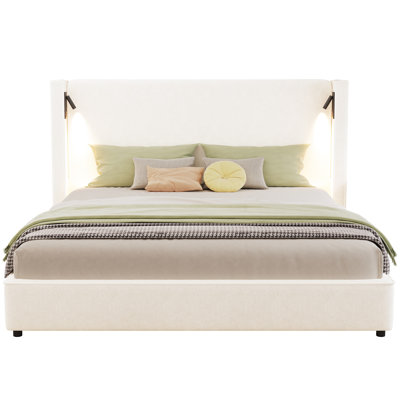 King - Sized, Beige, Upholstered Bed, High Wingback Headboard, Reading Lamp And , Comfortable Upholstery, Wood Support, Quick Assembly Size Beige Bed Frame With Wingback, Adjustable Soft Foam, No Box