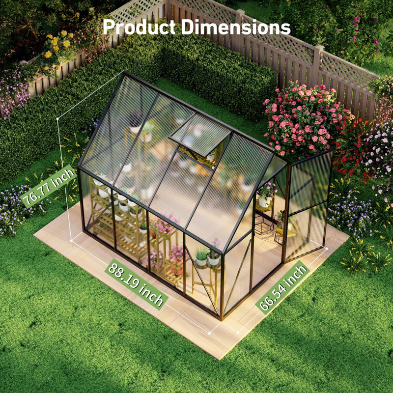 Heavy Duty Walk-In Outdoor Greenhouse, 4mm Twin-Wall Polycarbonate Garden House with 45 MPH Wind Resistant Aluminum Frame & Roof Vent