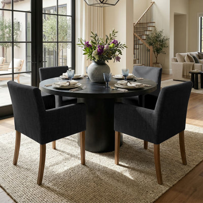Ensemble de table de salle à manger pour 4 personnes avec table ronde en bois massif et 4 fauteuils rembourrés en lin