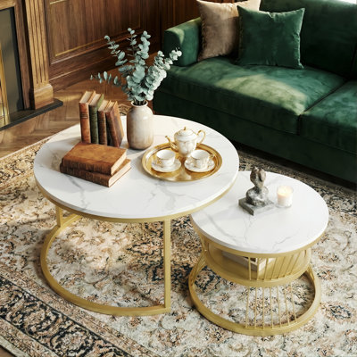 Round Nesting Coffee Tables Set (70+45cm), High-Gloss Faux Marble Top With Wire Metal Frame