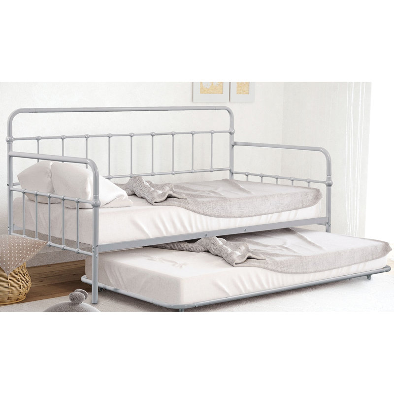 Lit de jour simple en métal avec lit gigogne, design contemporain argenté, structure complète, structure inspirée des tuyaux, finition pour matelas de 1 pièce, style, design