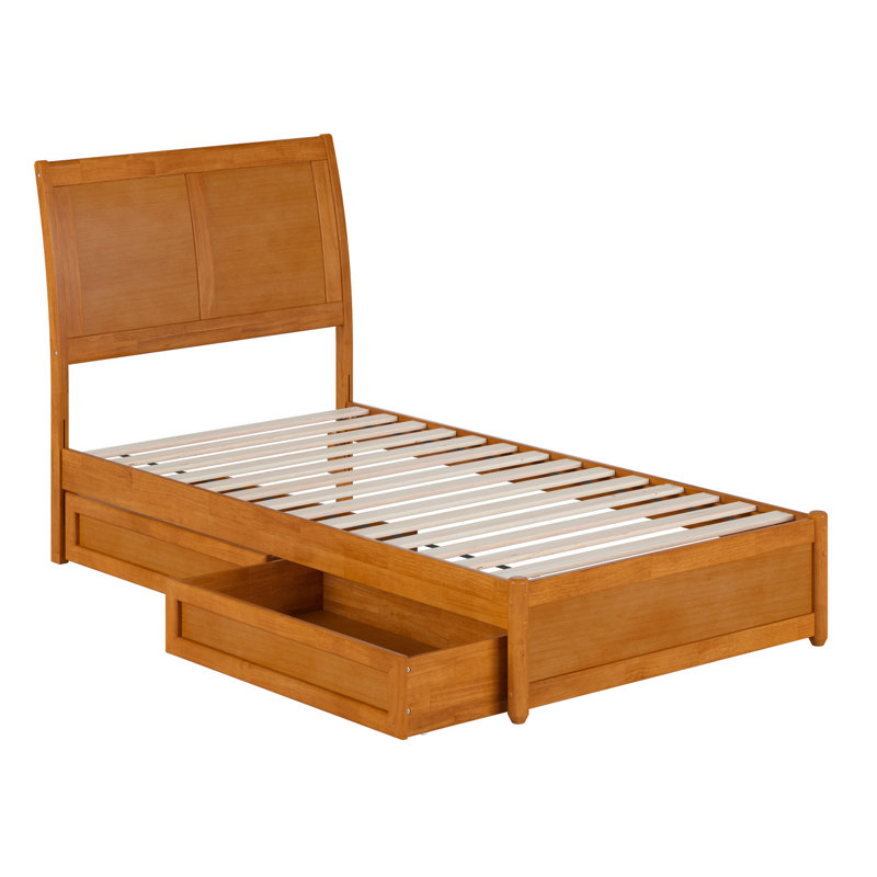 Lit plateforme en bois massif Lamayia avec pied de lit et tiroirs de rangement, Twin, Light Toffee