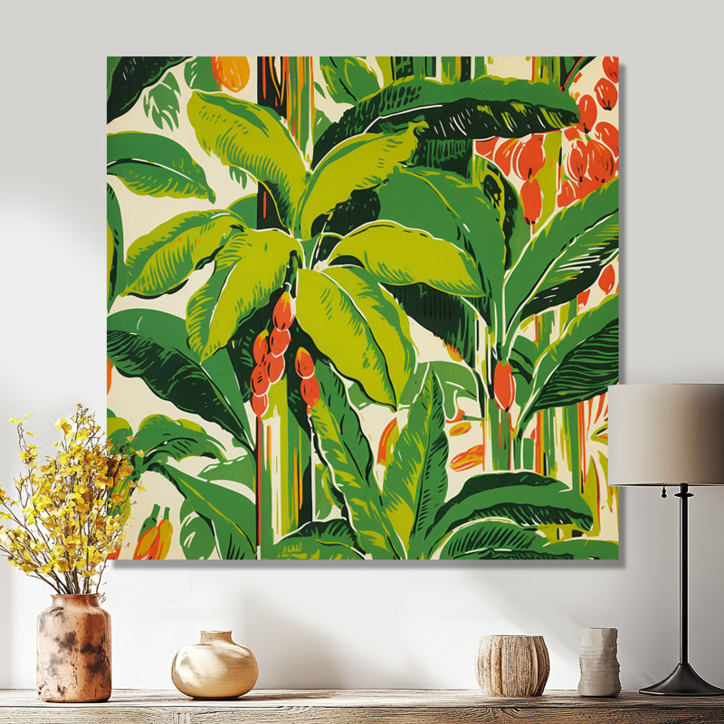 Palmiers tropicaux Illustration rétro - feuilles, art mural, Toile tendue, H 36 po x l 36 po x P 1,5 po
