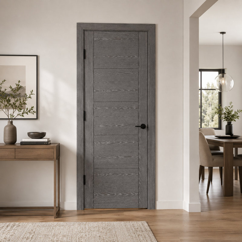 Porte intérieure pré-suspendue en bois massif à 5 panneaux en chêne gris avec cadre, 30" x 80", Matte Black Hinge, Left