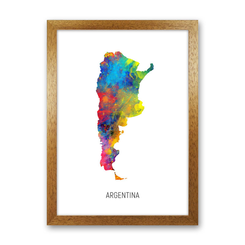 Argentina Watercolour Map by Michael Tompsett - Print, Brown Framed, 88cm H x 64cm W x 3cm D