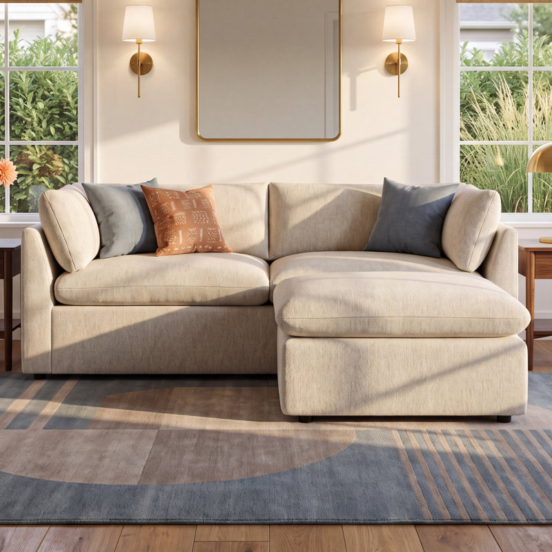 Kallie Upholstered Sofa With Ottoman, Monique Oyster Boucle