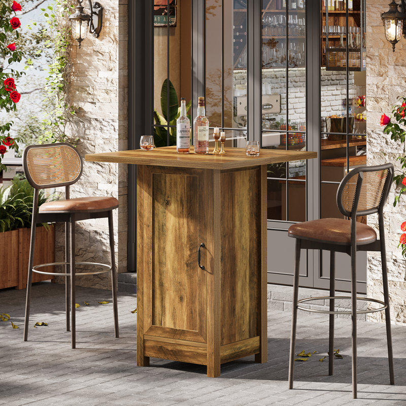 Table de bar carrée 31,5 "avec armoire de rangement et fentes à vin amovibles, brun rustique
