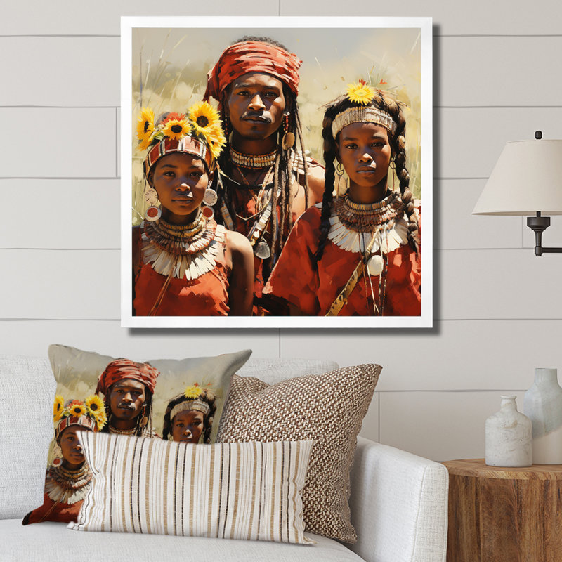«African Samburi Vibrance I» - art mural tribal africain, Encadrement doré, H 36 po x l 36 po x P 1,5 po