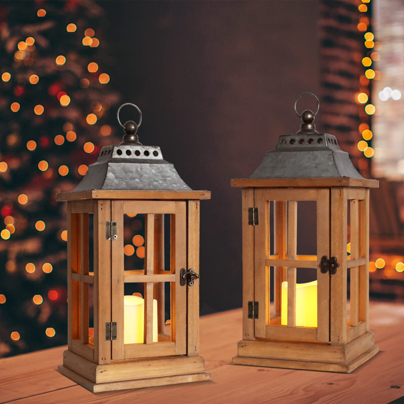 2PCS Rustic Wooden Candle Hurricane Luxury Lanterns For Tabletop