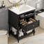 Meuble-lavabo rétro avec lavabo en céramique, deux tiroirs et tablette ouverte pour un rangement efficace et un décor élégant.-542979683
