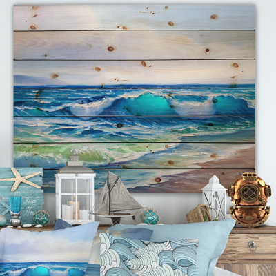 Paysage marin avec lumière du soleil attrapant une vague - reproduction d'art sur bois sans cadre