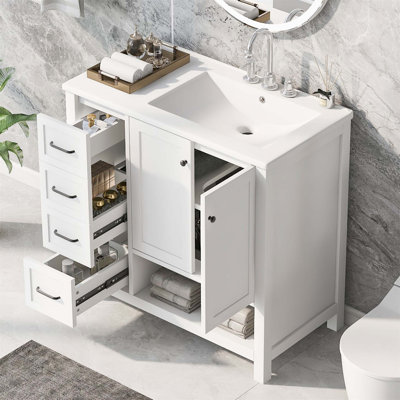 Meuble-lavabo 36 po avec lavabo, armoire en bois massif et panneau de fibres à densité moyenne, deux portes, deux tiroirs, tablette ouverte, design moderne