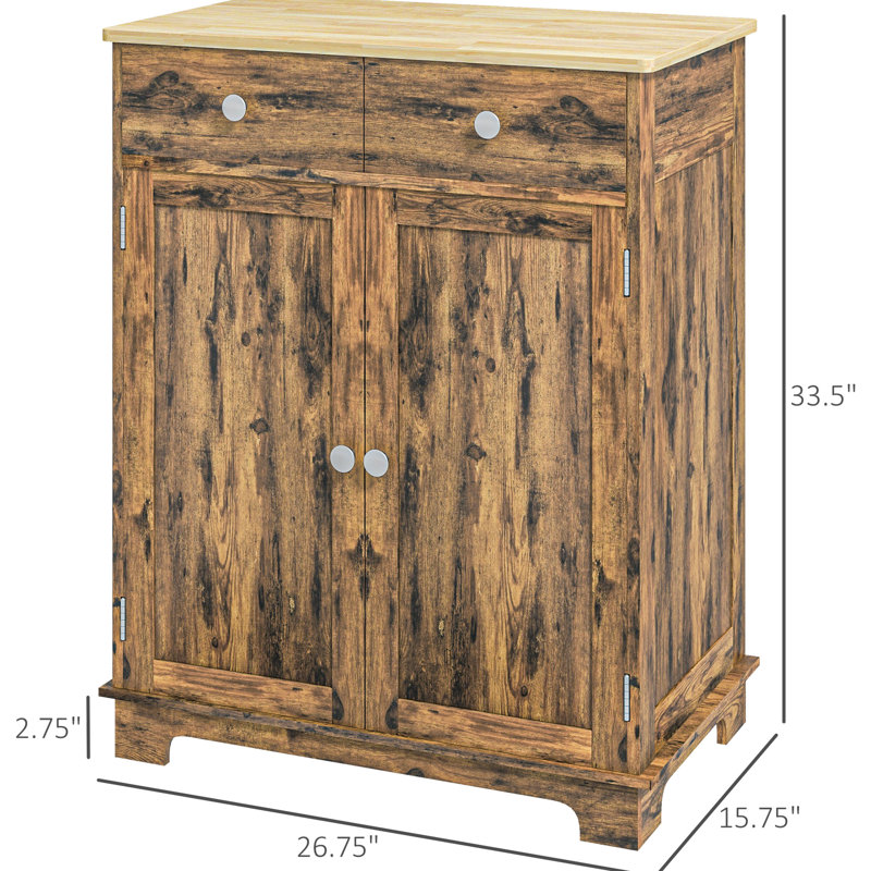 Sideboard With Solid Wood Countertop - Modern Rustic Brown Storage Cabinet. 2 Drawers, Doors, Adjustable Shelf. For Entry, Kitchen. 26.75"W X 15.75"D 33.5"H Kitchen Countertop.