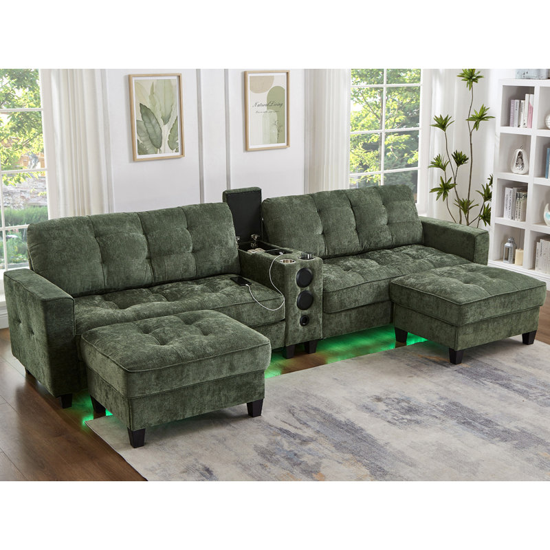 Canapé modulaire en forme de U 126 po avec chargement sans fil 126 po, Chenille verte