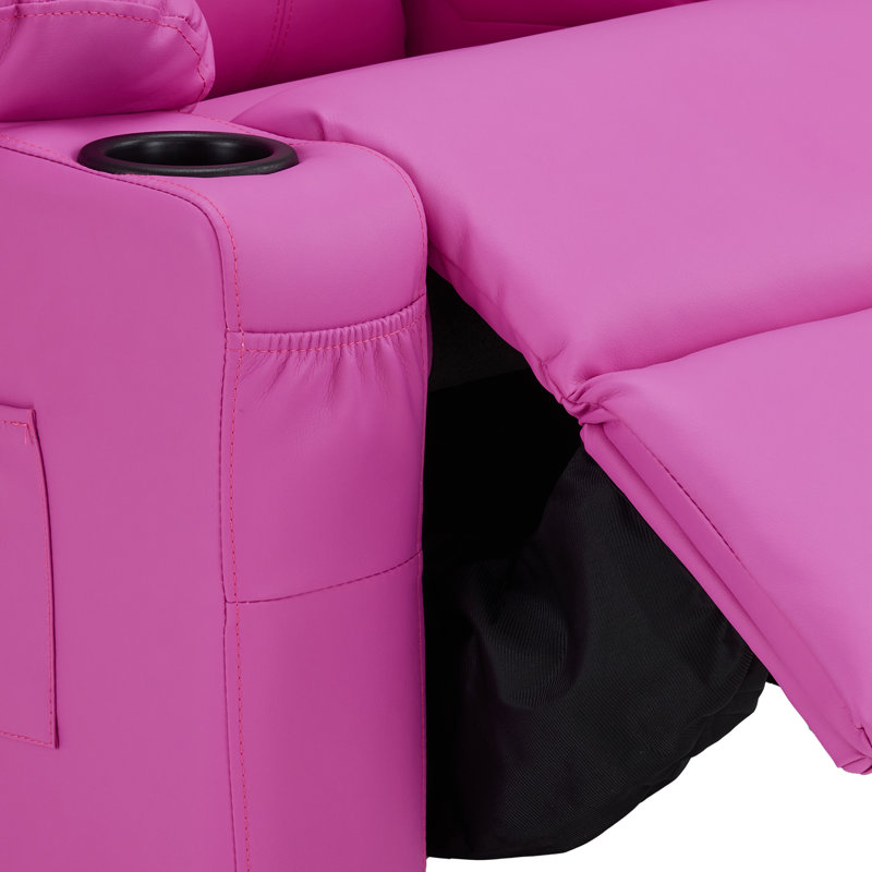 Kids Recliner Chair with Anti-Tilt, 2 Cup Holders, Faux Leather, Pink, Faux Leather