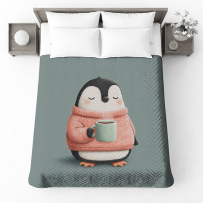 Penguin With Coffee Mug Bedding Penguin Bedspread Animal
