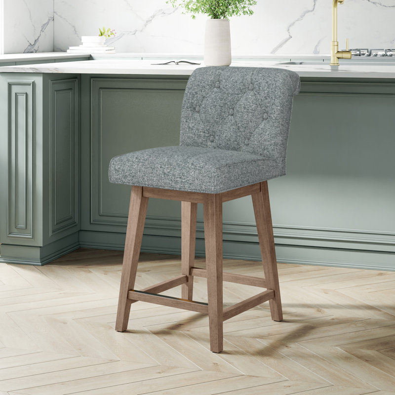 Dorreen Wood And Upholstered Tufted Adjustable Height Swivel Stool, Graphite, Medium Brown