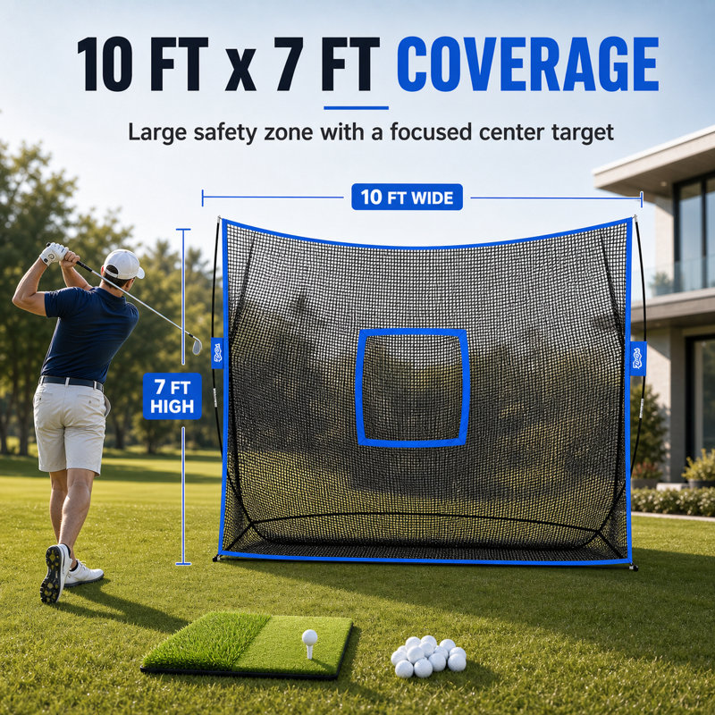 YUNIC Filet d'entraînement de golf de 10 pi x 7 pi avec tapis Tri-Turf et poche pour la cible, champ de tir personnel portatif pour la cour intérieure extérieure