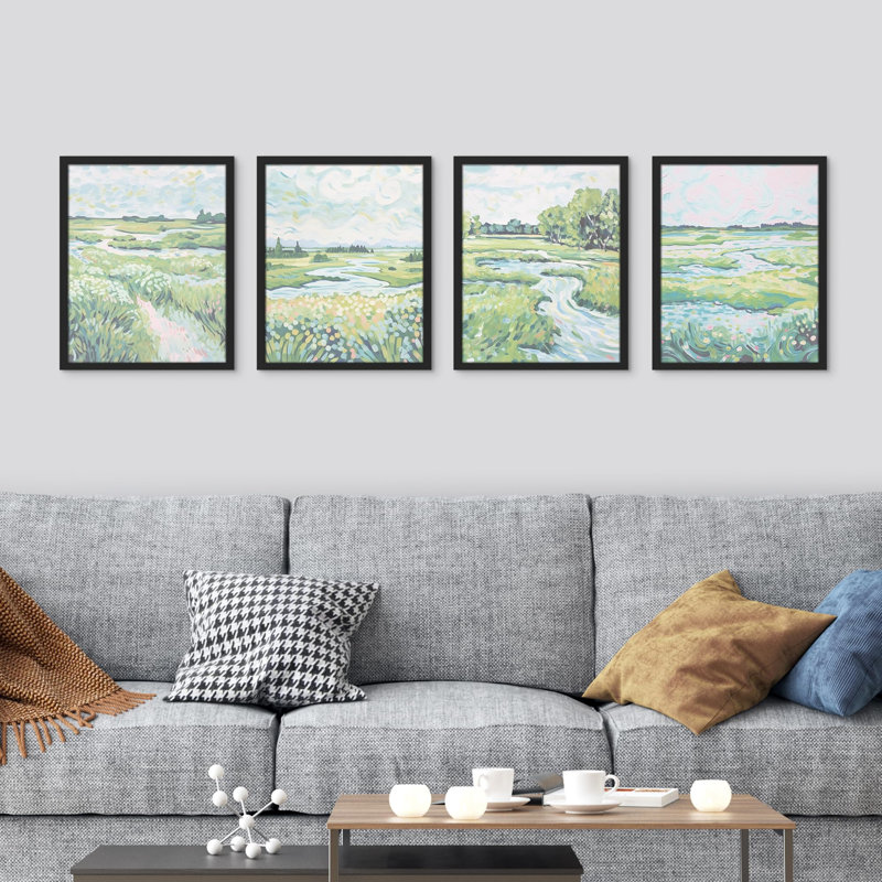 " Calming Landscape Paintings " 4 - Pieces, 10" H x 8" W, Black