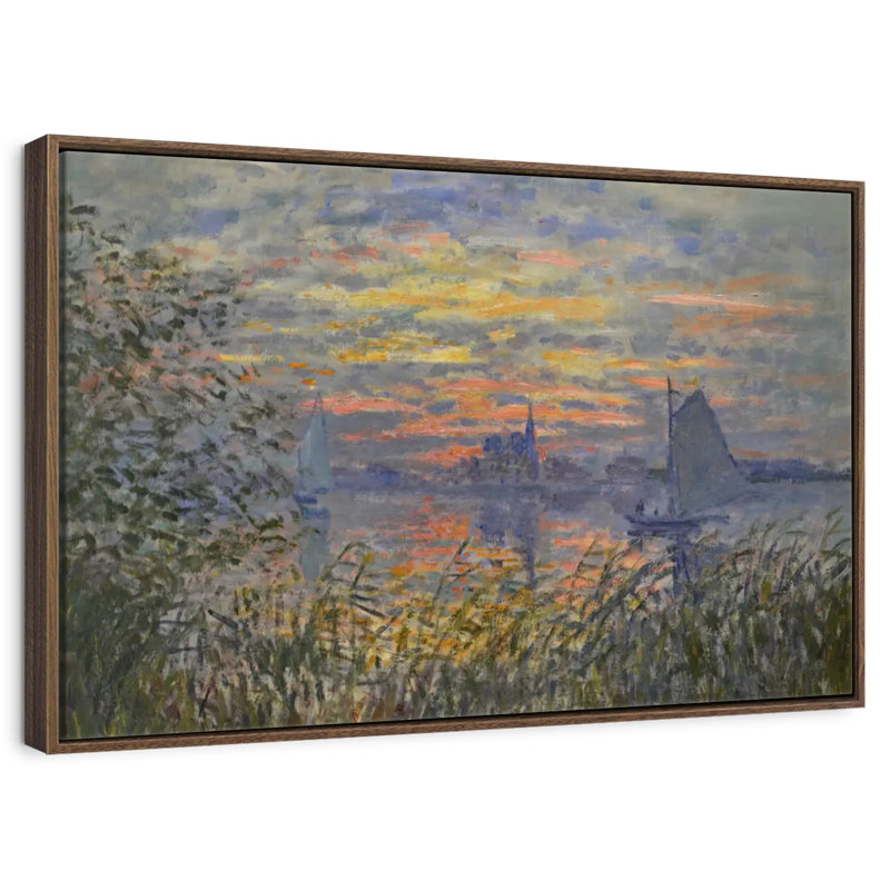 Vue marine avec coucher de soleil, Cadre flottant noyer, 40 po x 27 po