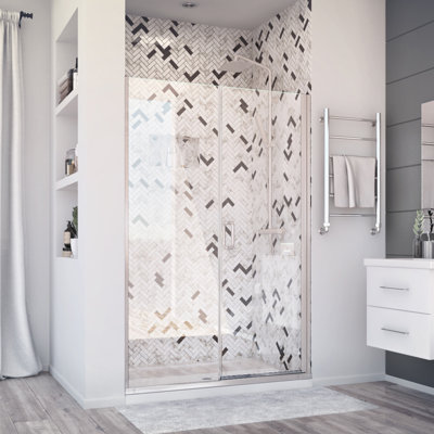 Porte de douche à charnière de luxe l 44 po x H 71,375 po avec panneau intégré en nickel brossé Deluxe