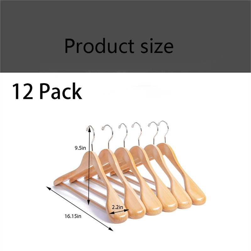 Ensemble de 12 cintres en bois avec tringle antidérapante, 12