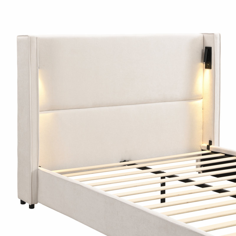 Upholstered Bed Frame with Reading Lamp and USB port, Queen