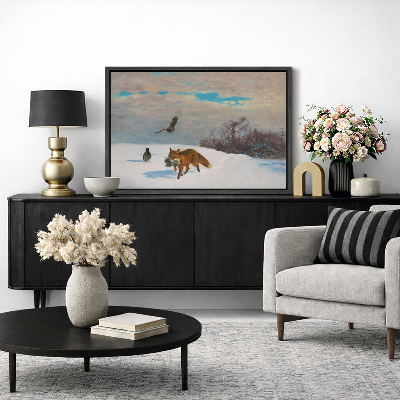 Illustration d'un renard roux avec proie et oiseaux dans la neige, images de chambre à coucher, impression sur toile encadrée