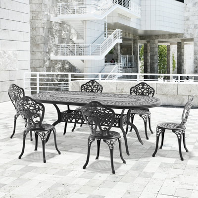 Mobilier de salle à manger en aluminium coulé résistant aux intempéries 7 pièces, structure noire, motifs de pétales, revêtement, dossier confortable, coussin de réduction des bruits, pied d'extérieur facile à assembler, simple